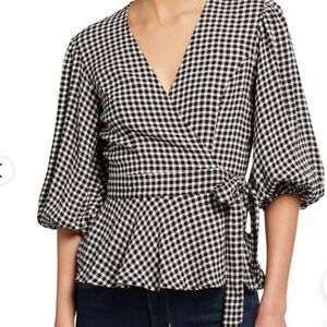 GANNI Black & White Gingham wrap blouse top .